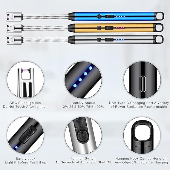 Electric Rechargeable Plasma Lighter Flameless Windproof USB Lighter 360 Deg Flexible Neck Arc Lighter for Kitchen, Pooja Room, Barbecue, Candles, Gas Stove, BBQ, Fireworks (Silver)